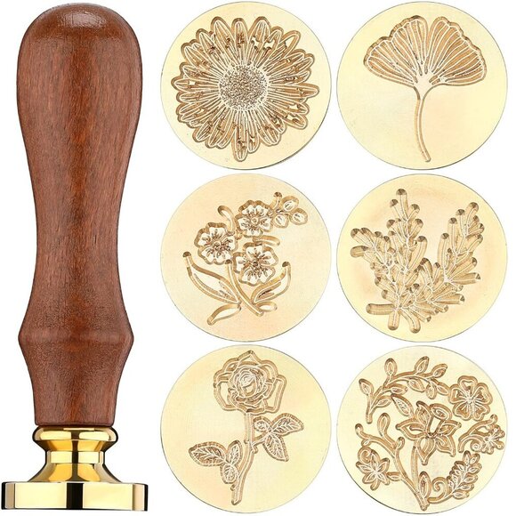 Wax Seal Stamp Gift Box Set 6 Sealing Stamp Heads 1 Wooden Hilt Floral Elegant B - Picture 9 of 10
